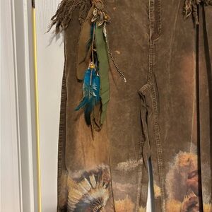 Brown Boot Cut Flare Pants with Feather Detail